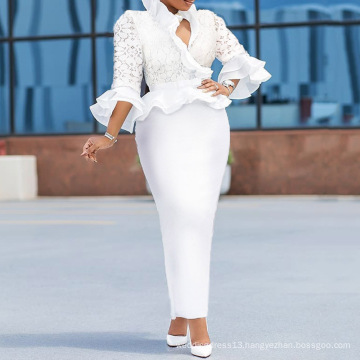 Ladies Blue Bodycon Elegant Dress with White Print Polka Dot Midi Flare Sleeve Lace Round Neck 2020 Spring Summer Office Dress